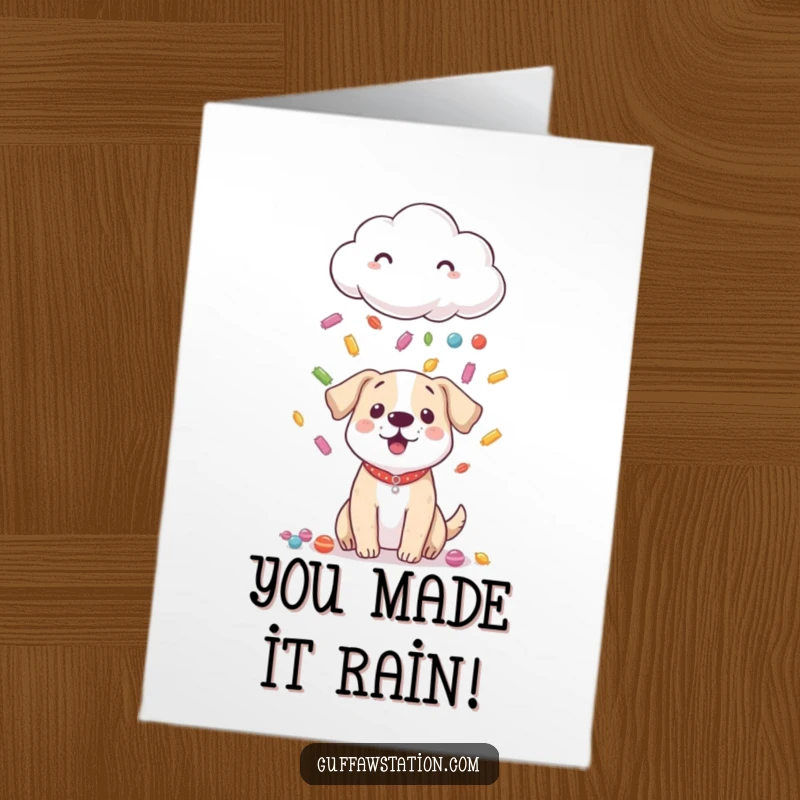 Funny Free Printable Congratulations Card: Shy cloud raining candy on a surprised dog, celebrating their success humorously.