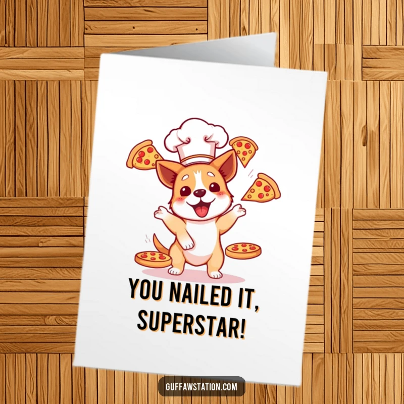 Funny free printable congratulations card: A dog chef in a hat hilariously juggles three flying pizzas, a true kitchen disaster.