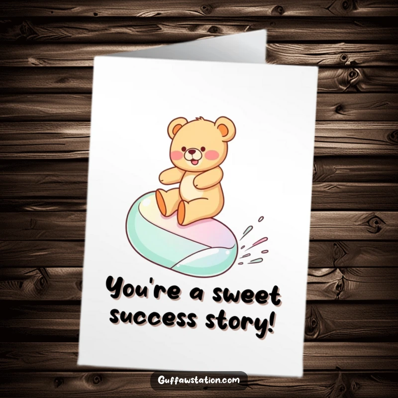 Funny Free Printable Congratulations Card: Teddy bear gleefully surfs a huge jelly bean, celebrating success.