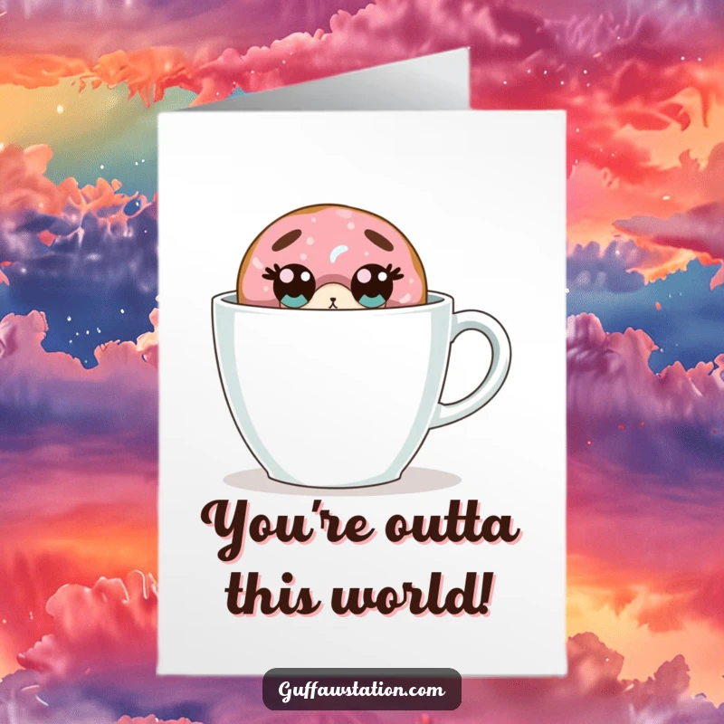 Funny Free Printable Congratulations Card: A surprised donut peeks shyly from behind a massive coffee cup, celebrating a sweet victory.