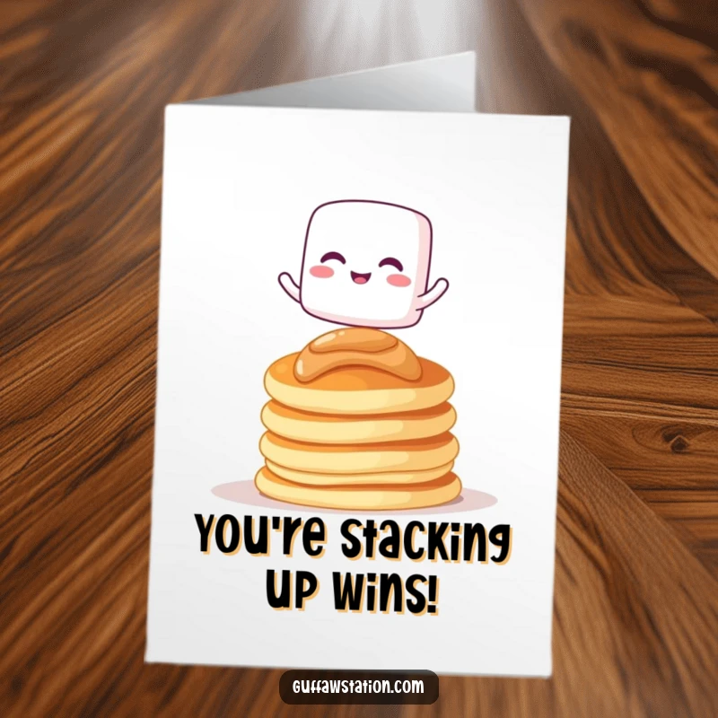 Funny Free Printable Congratulations Card: A giggling marshmallow balances on pancakes, symbolizing a sweet achievement.