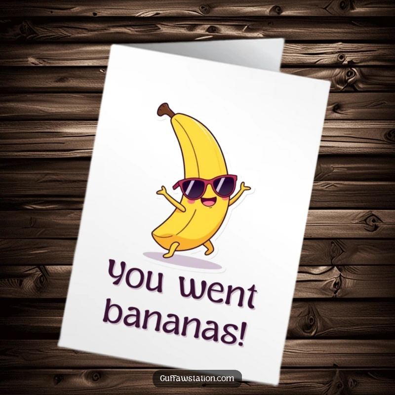 Funny Free Printable Congratulations Card: A happy banana with sunglasses does a cartwheel, celebrating success.