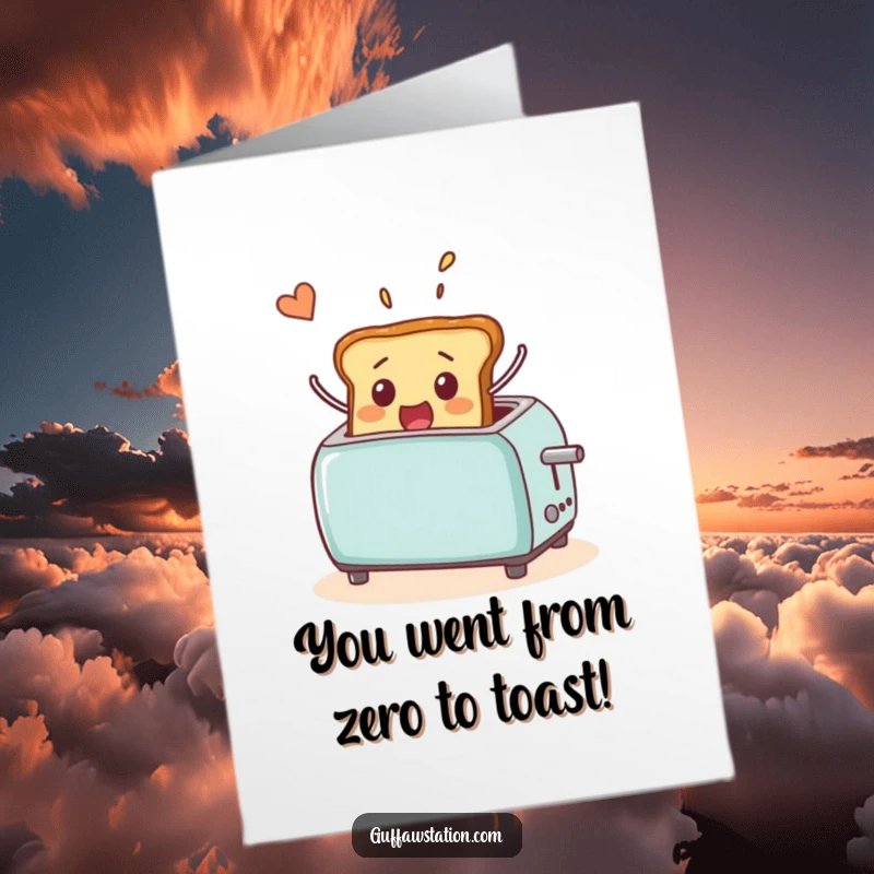 Funny Free Printable Congrats Card: Surprised toast soaring from toaster, celebrating an awesome achievement with humor.