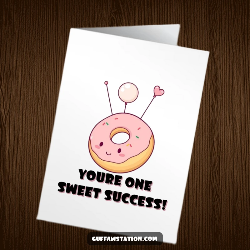 Free Printable congratulations card featuring a chubby donut inflating and gently floating upwards, symbolizing rising success. A unique funny greeting.