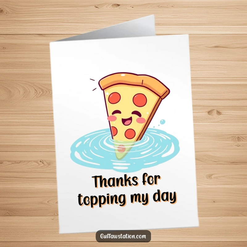 Funny free printable thank you card featuring a giggling pizza slice hilariously falling into a swimming pool.