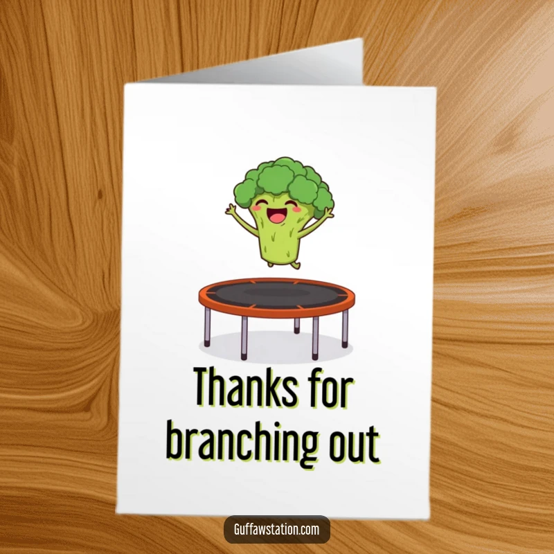 Funny Free Printable Thank You Card with a giggling broccoli launching itself from a trampoline, expressing thanks cheerfully.