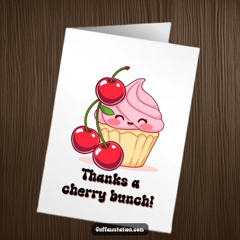 Funny Free Printable thank you card featuring a shy, blushing cupcake attempting to hide behind a very large cherry. A cute expression of thanks.