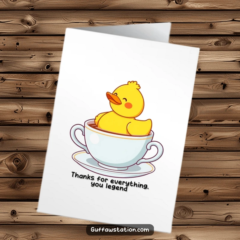 Funny Free Printable Thank You Card: A confused rubber duck bobs in a giant teacup, expressing thanks.