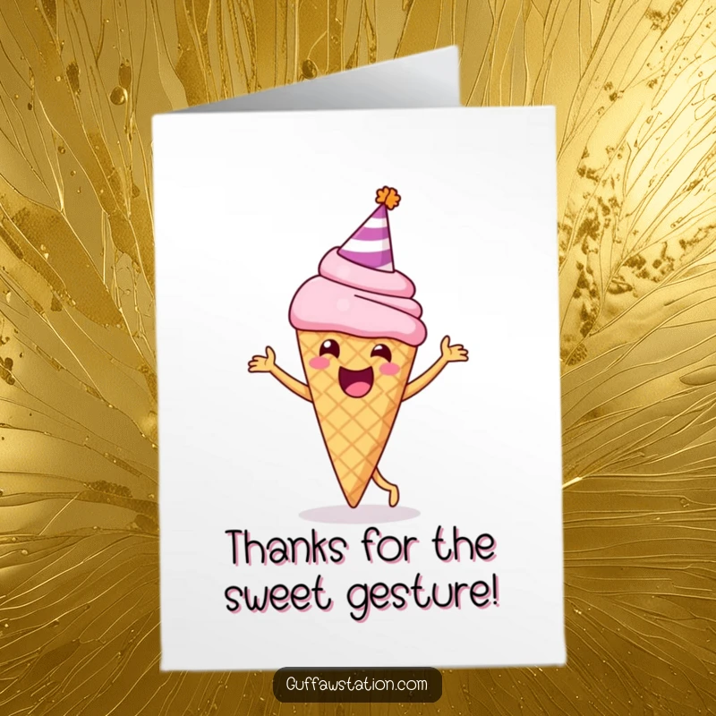 Funny Free Printable Thank You Card: Delighted ice cream cone in party hat dancing, a fun way to say thank you.