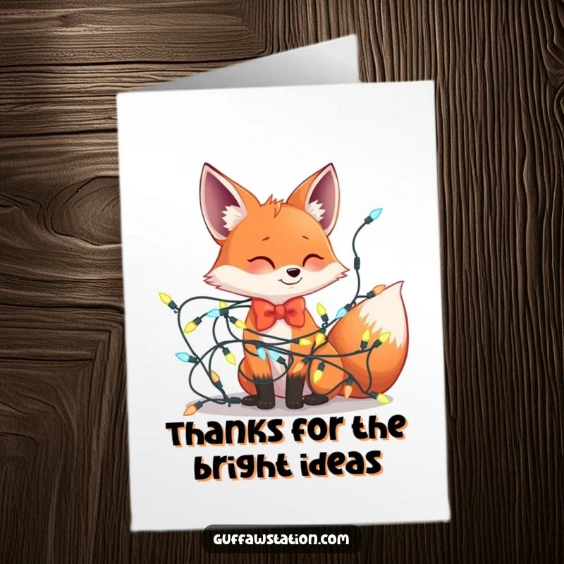 Funny Free Printable Thank You Card: A bowtie-wearing fox is comically wrapped in festive lights.