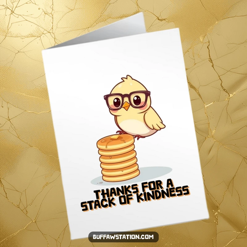 Funny free printable thank you card: A bird wearing spectacles carefully balances an unstable tower of fluffy pancakes.