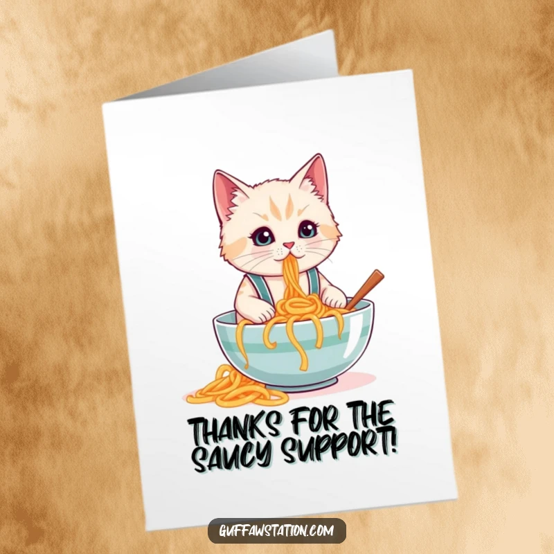 Funny Free Printable thank you card: A cat in tiny suspenders looking startled as it spills a massive bowl of spaghetti.
