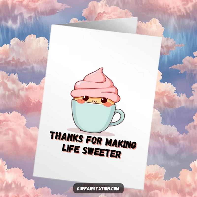 Funny Free Printable Thank You Card: A blushing cupcake character using a tiny coffee cup as a shield to hide behind.