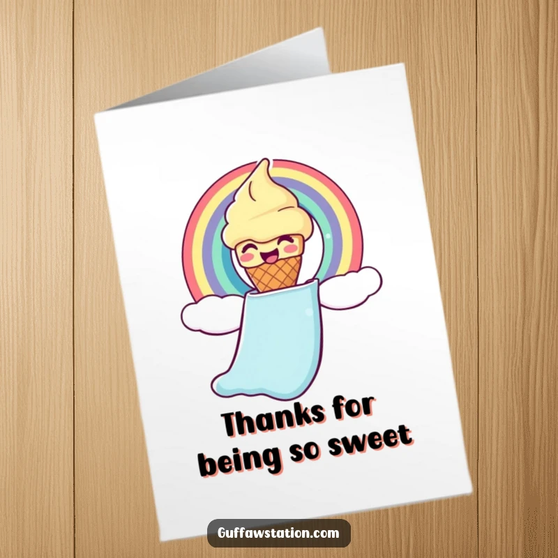 Funny Free Printable Thank You Card: Giggling ice cream cone slides down a rainbow, a sweet thank you.