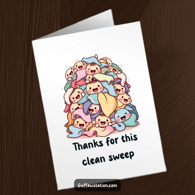 Funny Free Printable Thank You Card: A cheerful pile of laundry, each piece sporting a happy, smiling face.