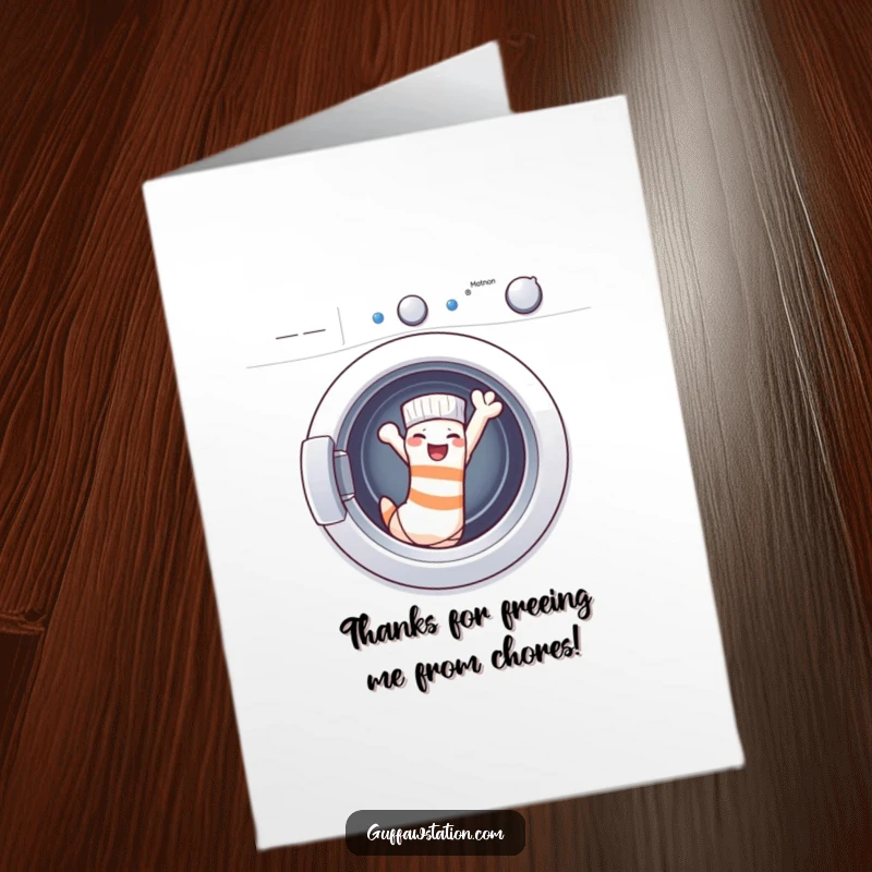 Funny Free Printable Thank You Card: A sock beaming with joy after escaping the washing machine, a hilarious thank you.