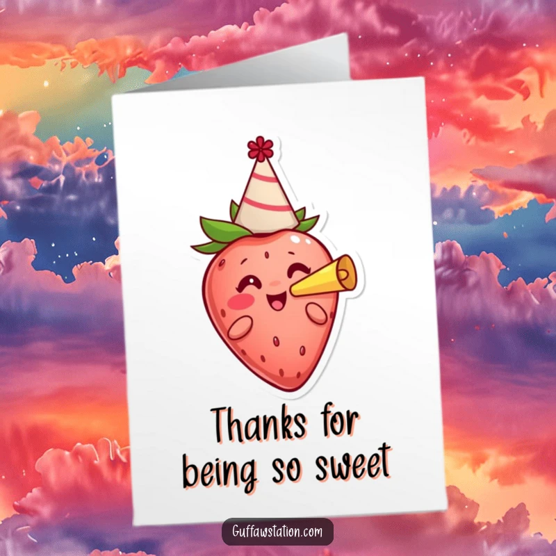 Funny Free Printable Thank You Card: A cheerful strawberry character in a party hat blowing a horn, expressing thanks.