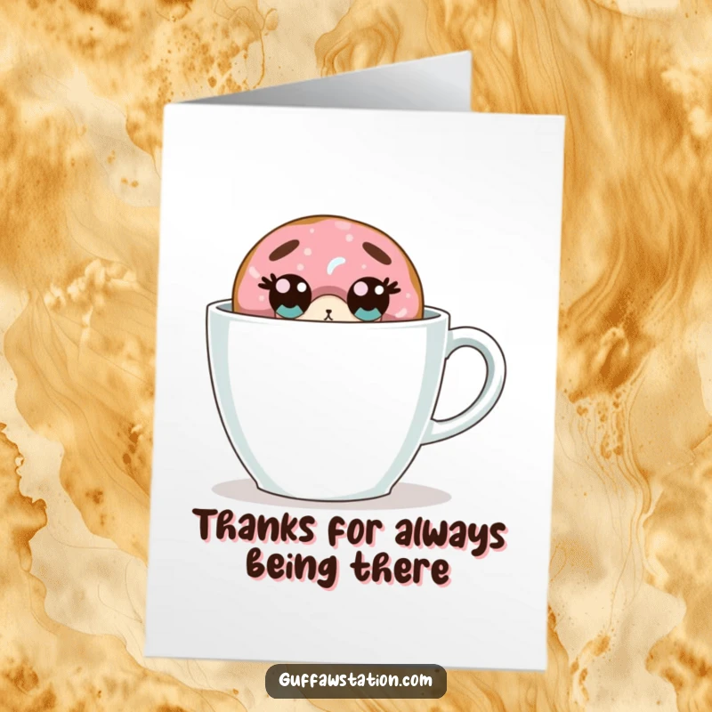 Funny Free Printable Thank You Card: A startled donut hides behind an oversized coffee cup, expressing heartfelt thanks with a touch of surprise.