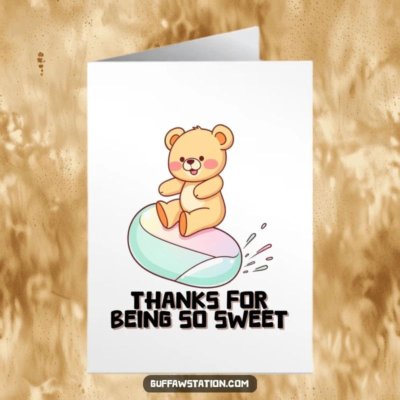 Funny Free Printable Thank You Card: Giggling bear surfing a wobbly jelly bean, a fun way to say thanks.