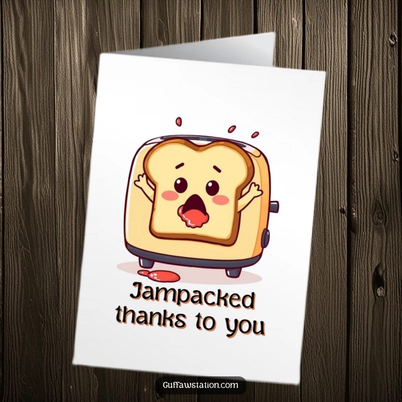 Funny Free Printable thank you card, a surprised toast slice jumping from a toaster with jam splatter, sending thanks.