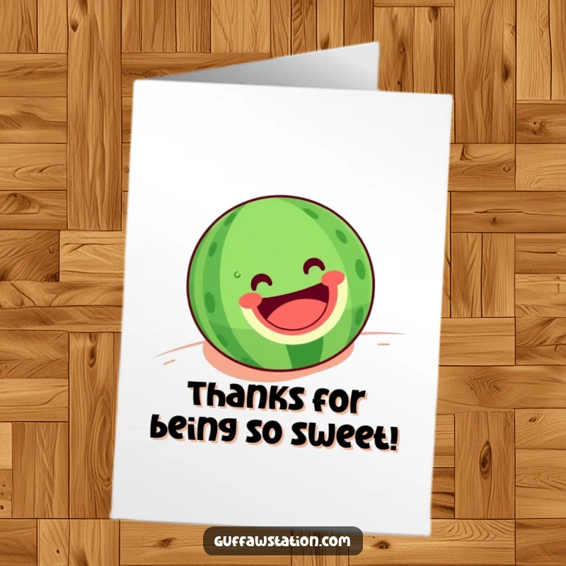 Funny Free Printable Thank You Card: A grinning watermelon cheerfully rolling downhill, expressing heartfelt thanks.