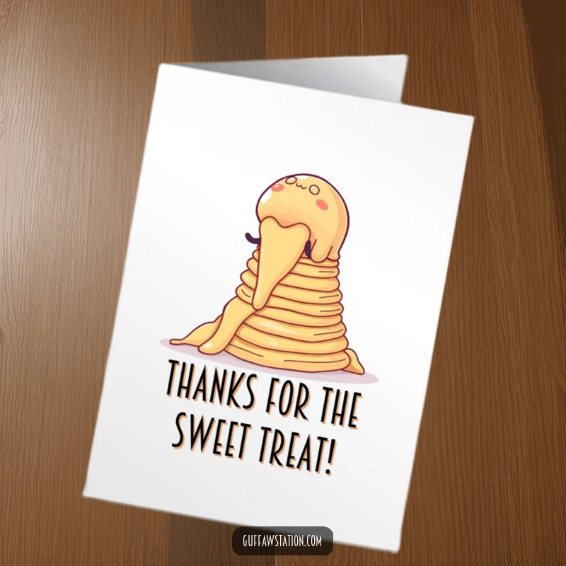 Funny Free Printable Thank You Card: A wobbly jelly attempting to ascend a towering mountain of pancakes.