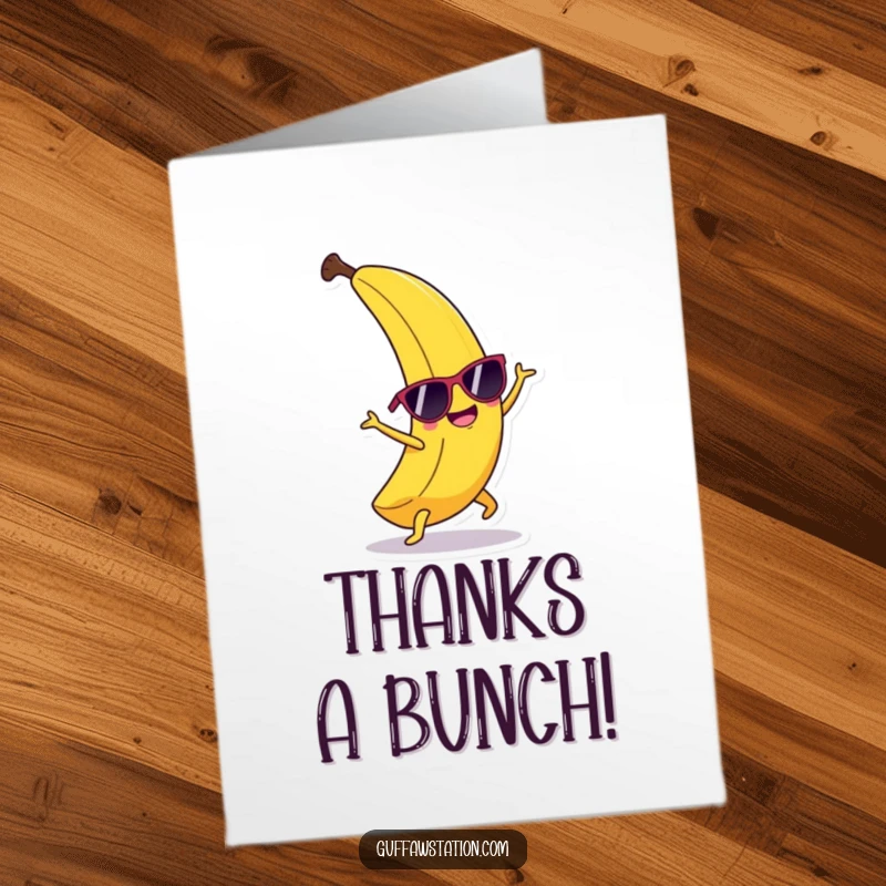 Funny Free Printable Thank You Card: A happy banana wearing sunglasses performs a cartwheel, expressing thanks.