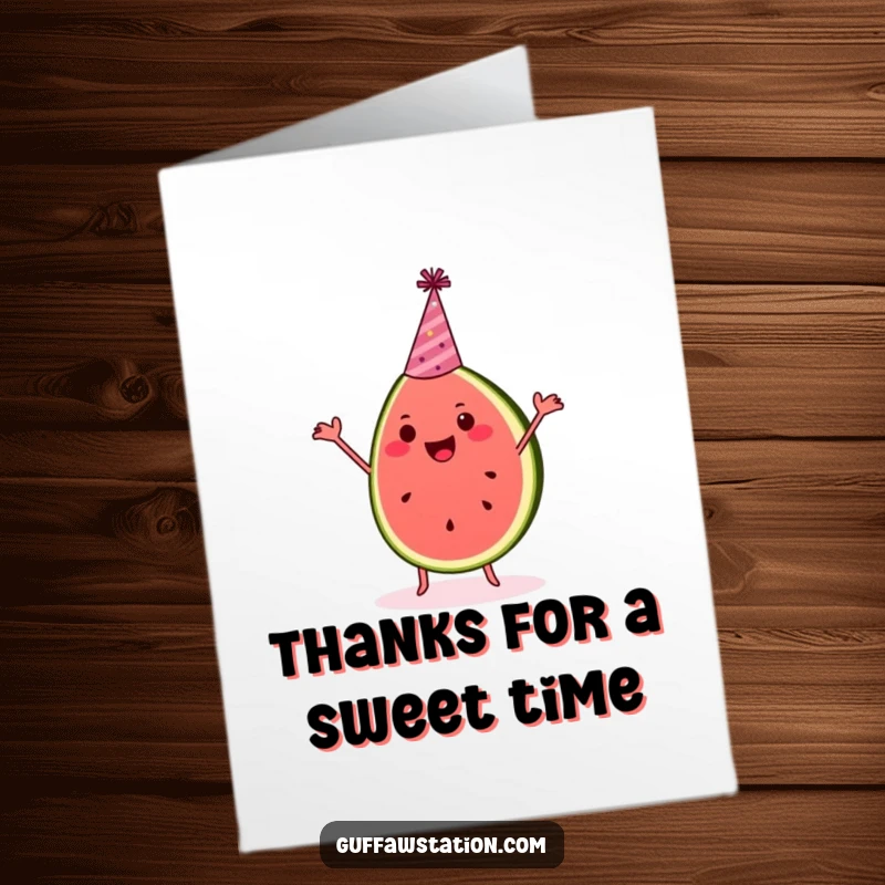 Funny Free Printable Thank You Card: A happy, party-hat-wearing watermelon slice dances joyfully, expressing thanks with a fruity flair.