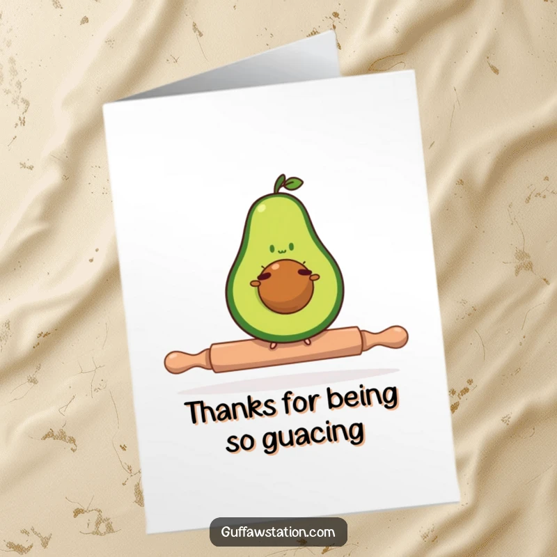 Funny Free Printable Thank You Card: A determined avocado skillfully balances on a tiny rolling pin, saying thanks.