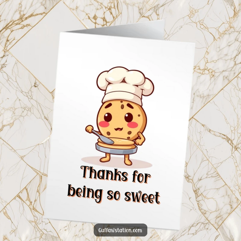 Funny Free Printable Thank You Card: A determined cookie wearing a chef hat flips pancakes, expressing thanks.