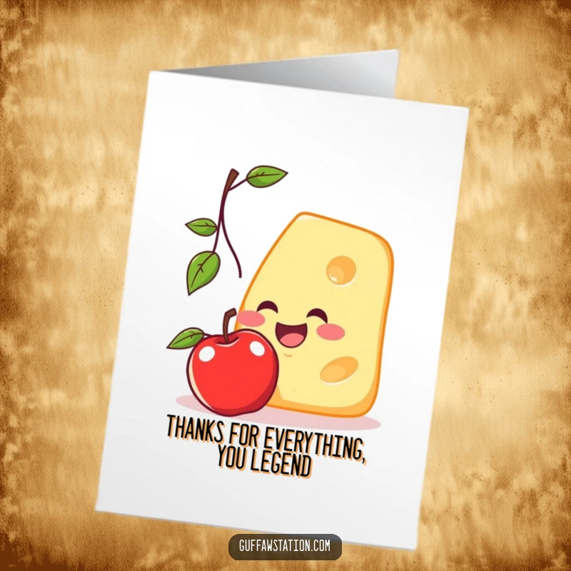 Funny Free Printable Thank You Card: Cheese slice reaching for an apple, a humorous gesture of thanks.