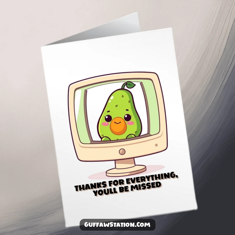 Funny Free Printable thank you card, a curious avocado peeking out from a computer screen, sending thanks digitally.