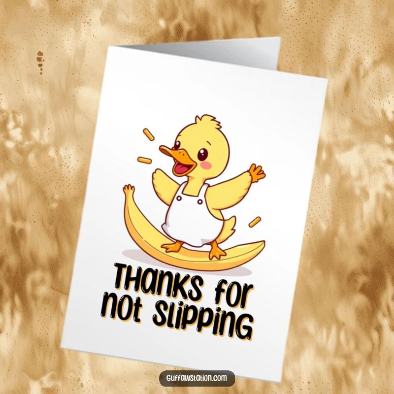 Funny Free Printable Thank You Card: A duck in an apron slips on a banana peel, flinging fries with abandon.