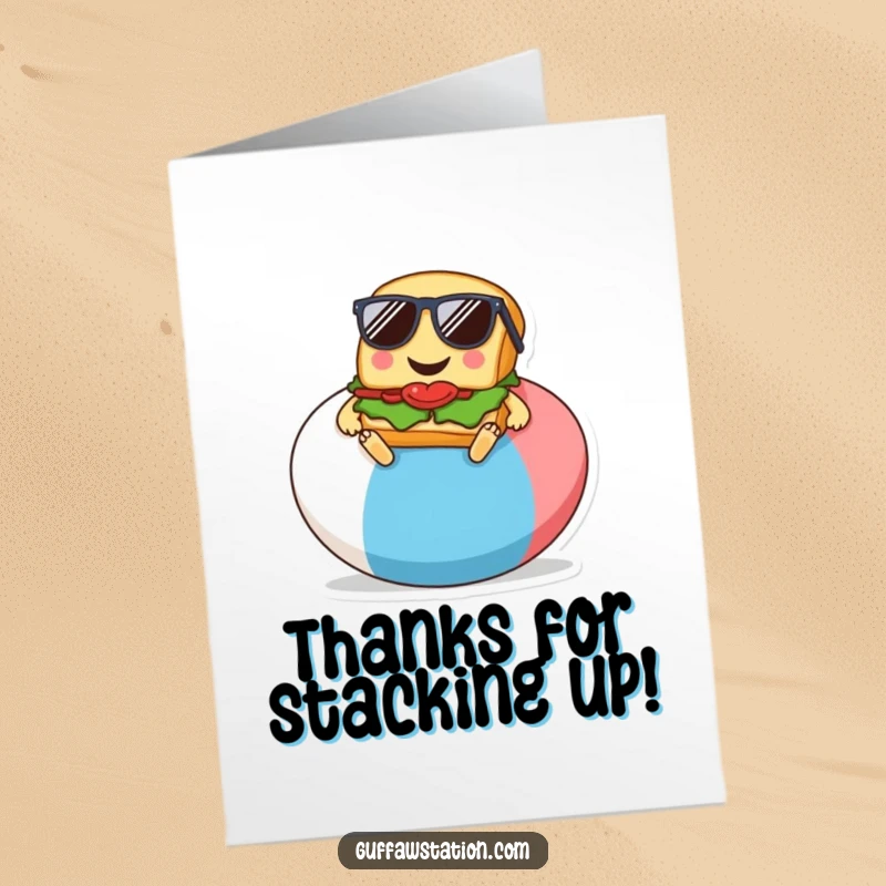 Funny Free Printable Thank You Card: A smiling sandwich wearing sunglasses, relaxing on a big beach ball.