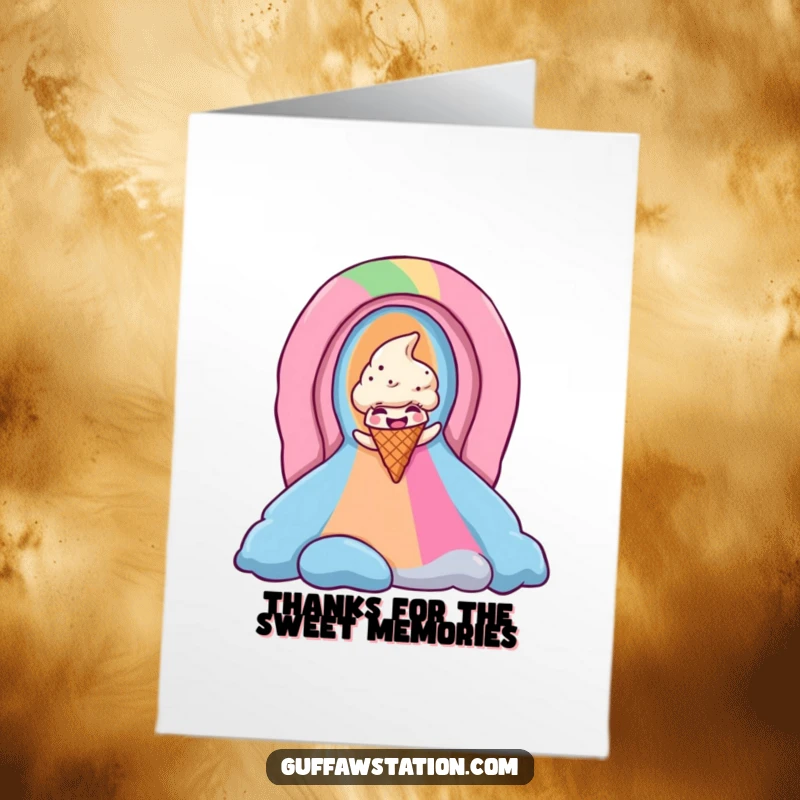 Funny Free Printable Thank You Card: A giggling ice cream cone slides down a colorful rainbow, offering joyous thanks with a cool vibe.