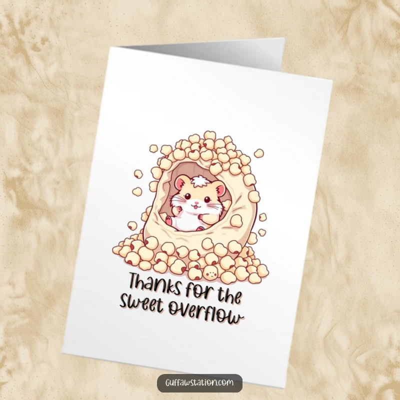 Funny free printable thank you card: A cute hamster happily swims and rolls around in a huge bowl of cereal.
