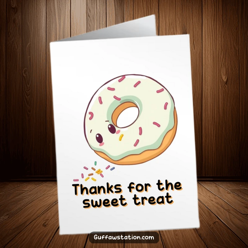 Funny Free Printable Thank You Card: Clumsy donut rolling downhill, leaving sprinkles, a sweet thank you.