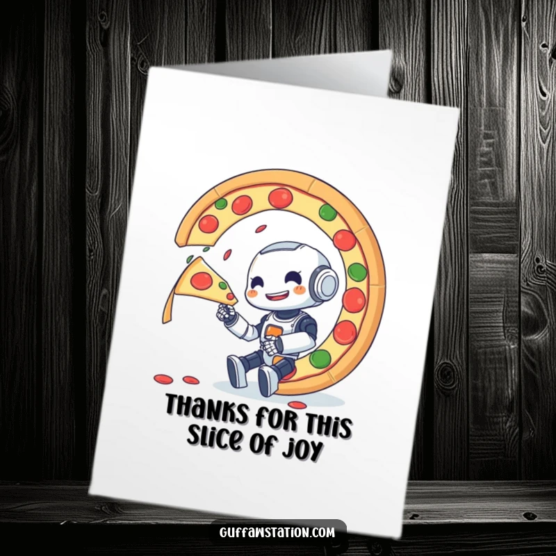 Funny Free Printable Thank You Card: Robot gleefully eating a giant pizza, a humorous way to say thanks.
