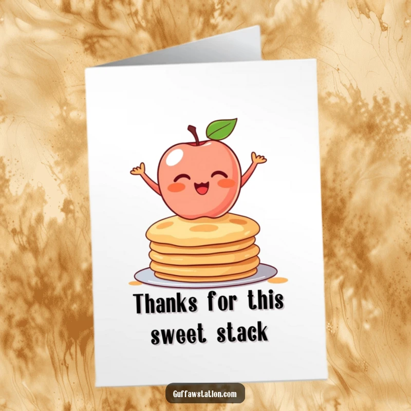 Funny Free Printable Thank You Card: A blushing apple wobbling excitedly atop a stack of pancakes, expressing sincere and sweet gratitude.