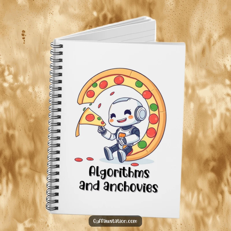 Funny notebook cover with a small robot joyfully attempting to eat a huge, spinning pizza, designed for creative minds.