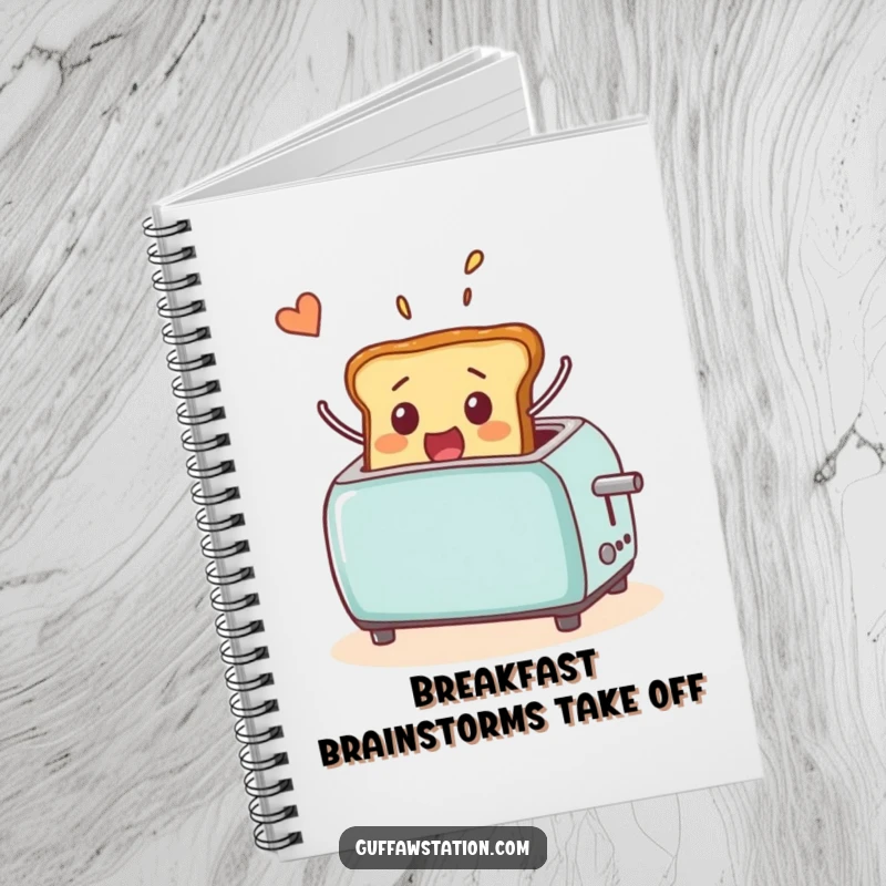 Funny notebook cover decorated with a surprised piece of toast popping out of a toaster and flying through the air, a humorous notepad.