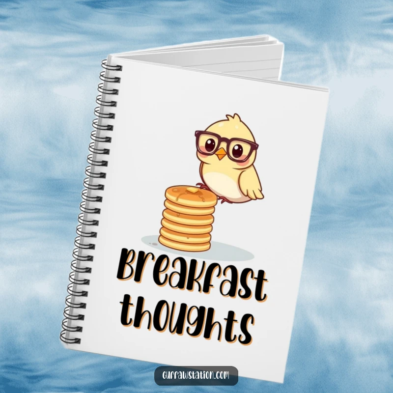 A bird wearing glasses balancing a stack of pancakes on the cover of a humorous notebook.