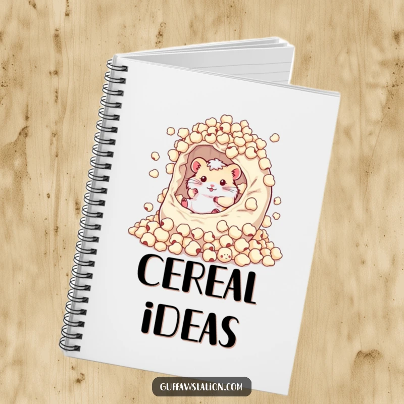 A funny hamster happily diving into a giant bowl of cereal, designed for the cover of a notebook.