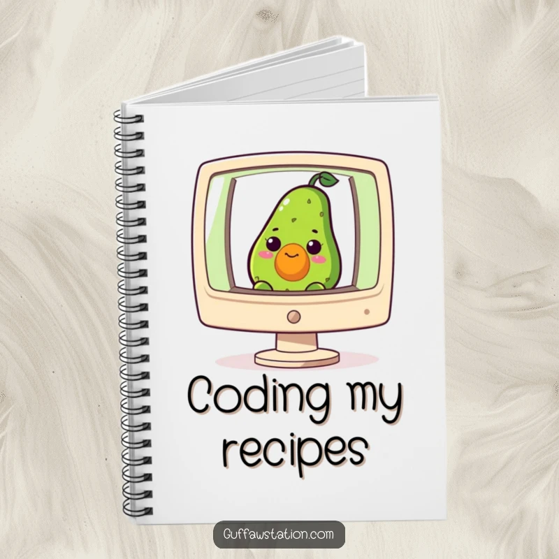 Funny notebook featuring a curious avocado peeking from a computer screen, for jotting down tech and food ideas.