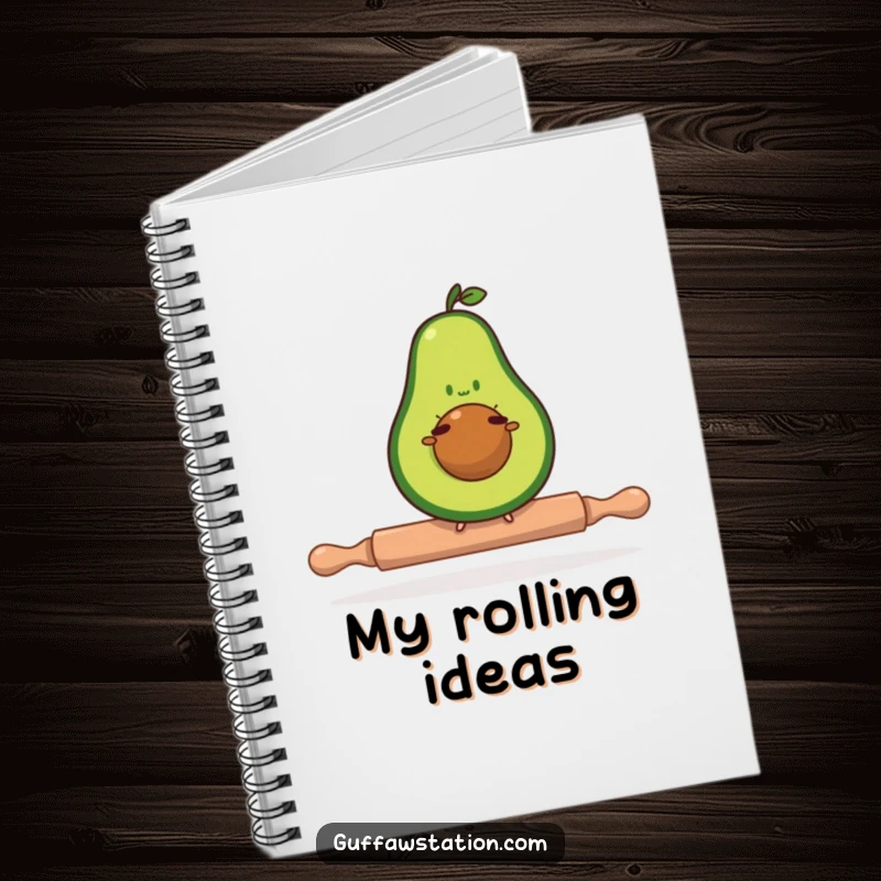 Funny avocado notebook featuring a determined avocado balancing on a tiny rolling pin, great for notes and ideas.