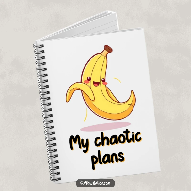 Funny notebook cover with a cute banana peel hilariously slipping on its own discarded peel, designed for creative minds.