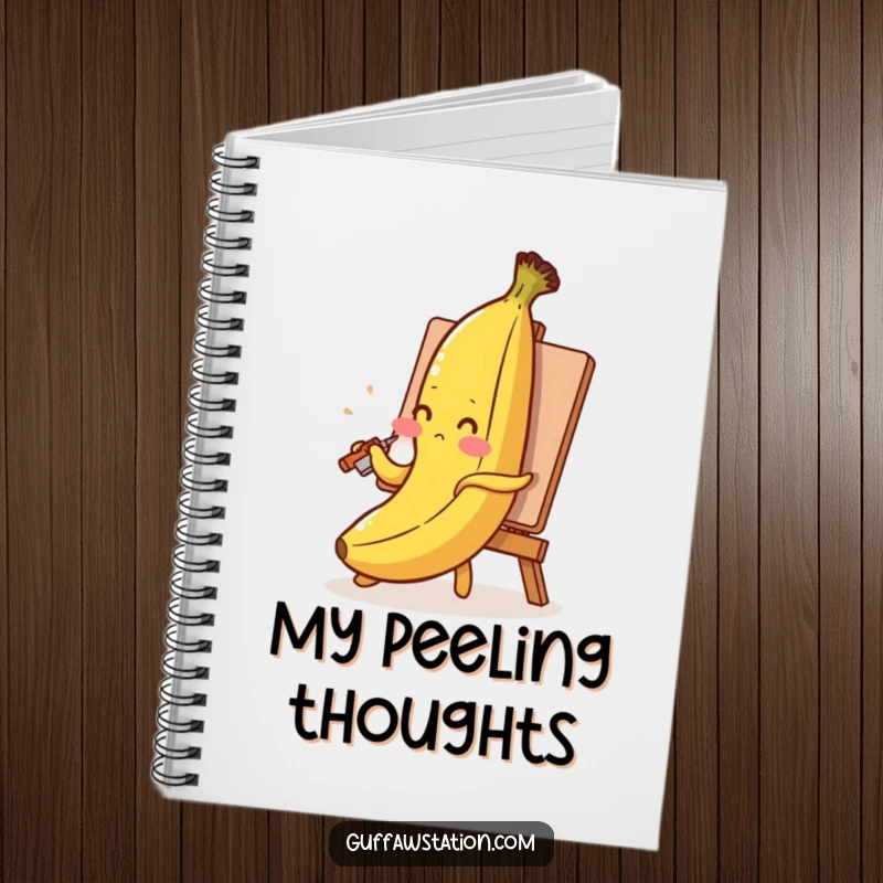 Funny banana notebook featuring a blushing banana painting its self-portrait with its peel, ideal for notes and sketches.