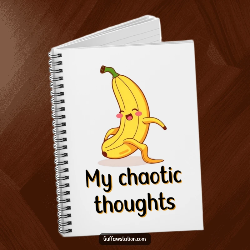 Funny notebook cover featuring a giggling banana in a hilarious, exaggerated slip on a banana peel, perfect for capturing funny thoughts.