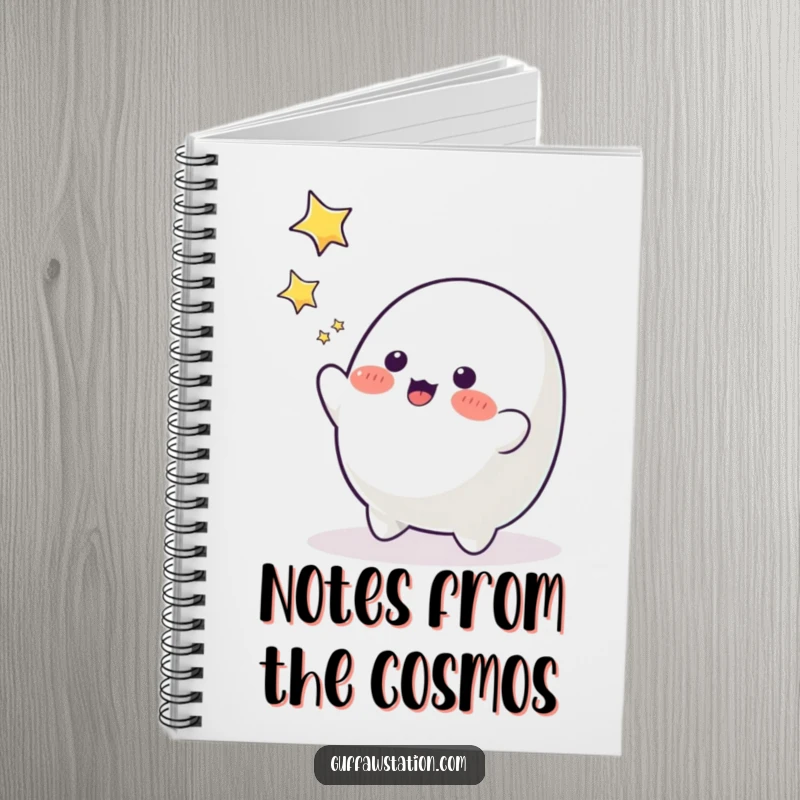 Funny blob character reaching for falling stars, a humorous notebook for creative minds.