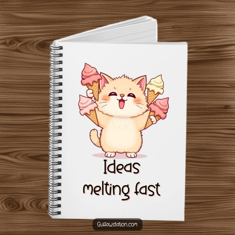 Funny Cat Ice Cream Notebook features a surprised cat juggling melting ice cream cones, perfect for capturing sweet ideas.